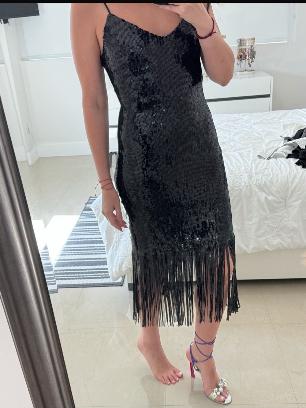 Black Sequin Fringe Slip Dress